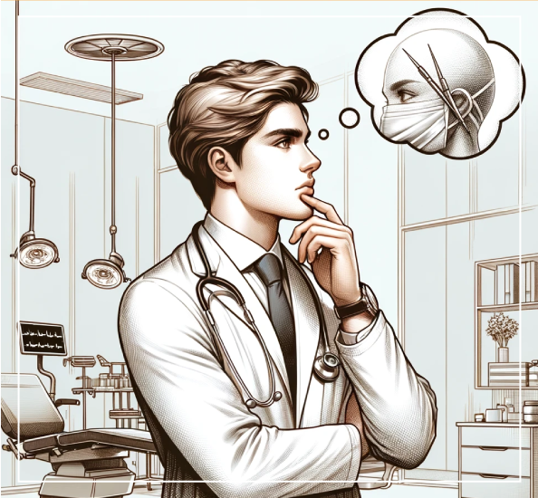 A man in a lab coat is thinking of something.